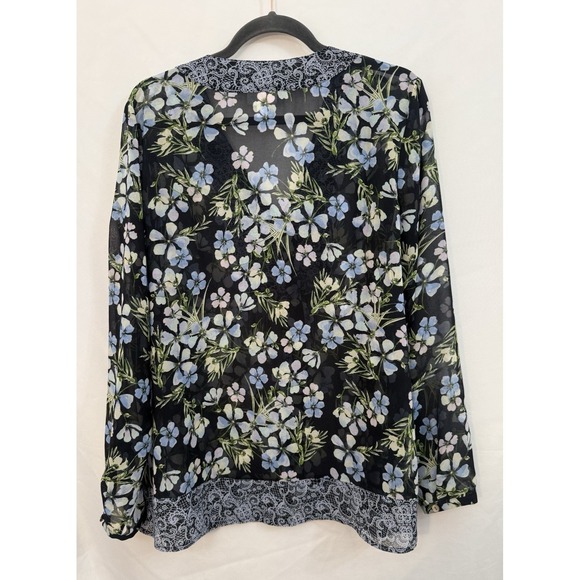 J Jill Black Floral V Neck Sheer Tunic Top Blouse Button Down Womens Size L - Picture 2 of 10